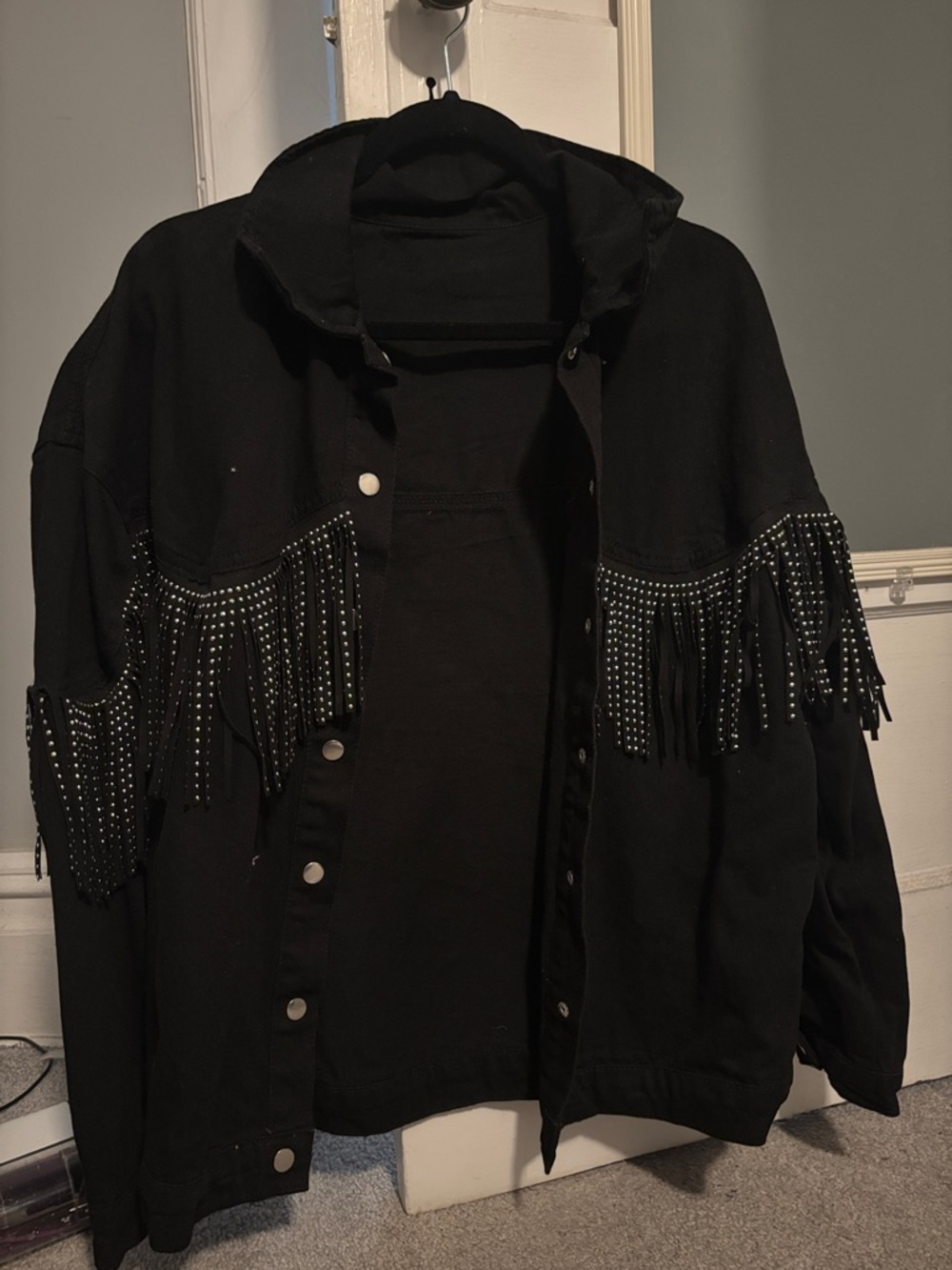 Black Fringe Stud Denim Jacket - Unbranded